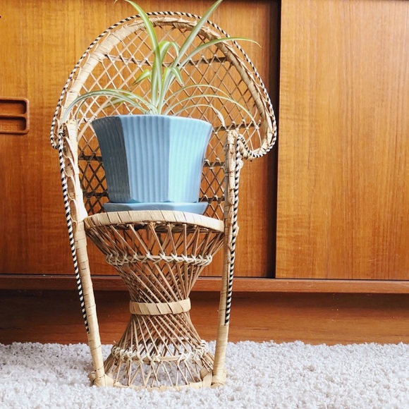 Vintage peacock chair wicker woven planter doll